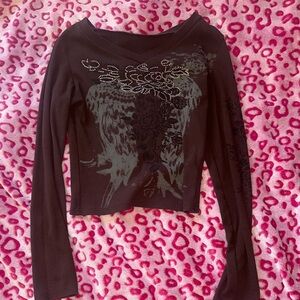 Y2K Glitter and Floral Design Brown V-Neck Top